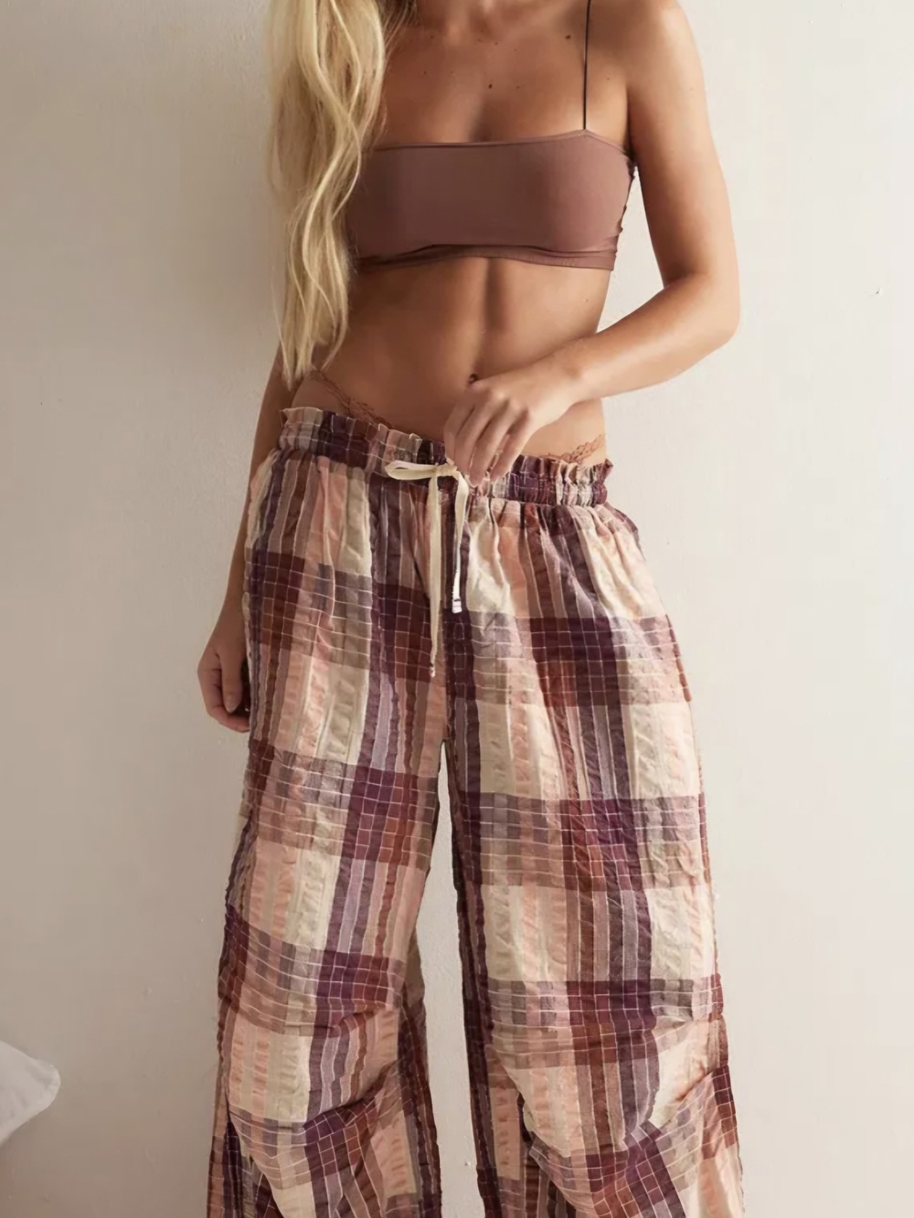 Free People Find The Time Peach & Purple Plaid Wide-Leg Lounge Pants